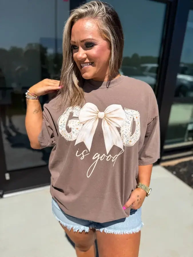 God is Good with Bow Espresso Graphic Tee