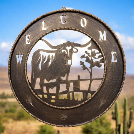 18" Cow Welcome Copper Metal Wall Sign Longhorn Wall Art