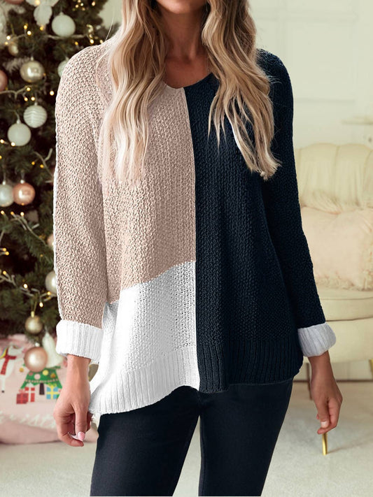 Color Block Knit V Neck Loose Sweater