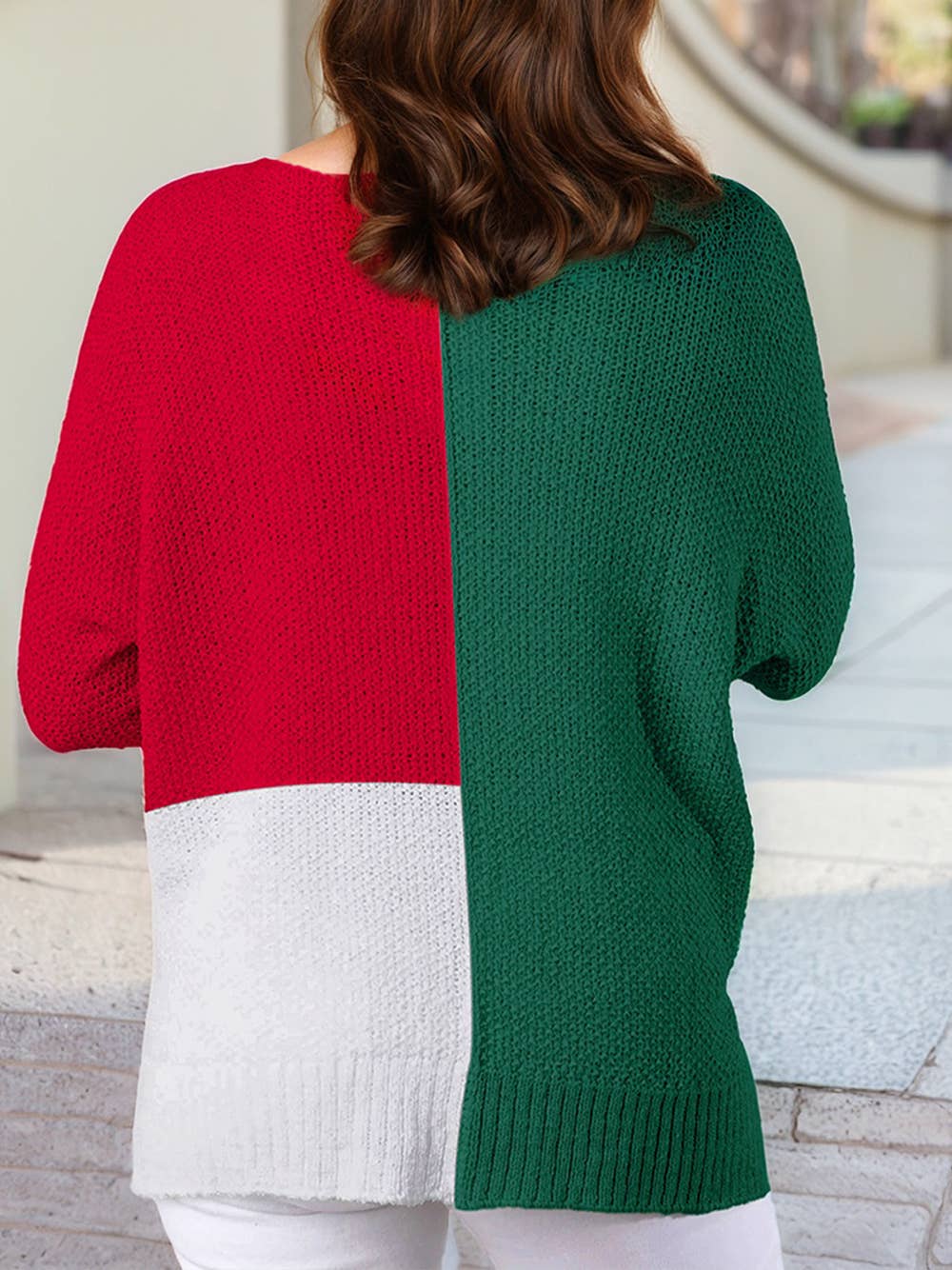 Color Block Knit V Neck Loose Sweater