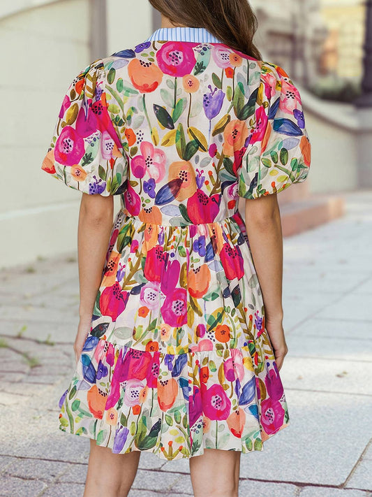 Floral Ricrac Trim Striped Patchwork V Neck Dress