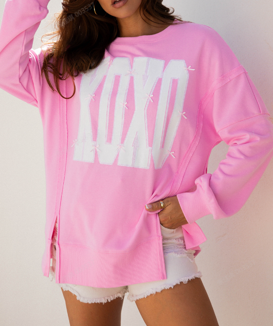 Bow Sequin XOXO Letter Graphic Exposed Seam Baggy Sweatshirt