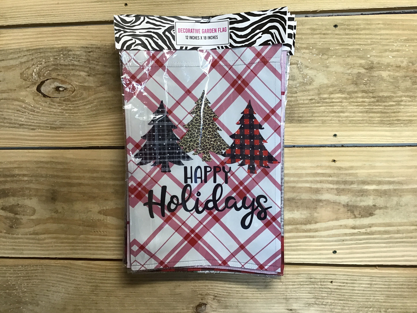 Garden Flag - Happy Holidays White Plaid with 3 Trees Decor