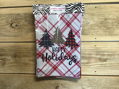 Garden Flag - Happy Holidays White Plaid with 3 Trees Decor