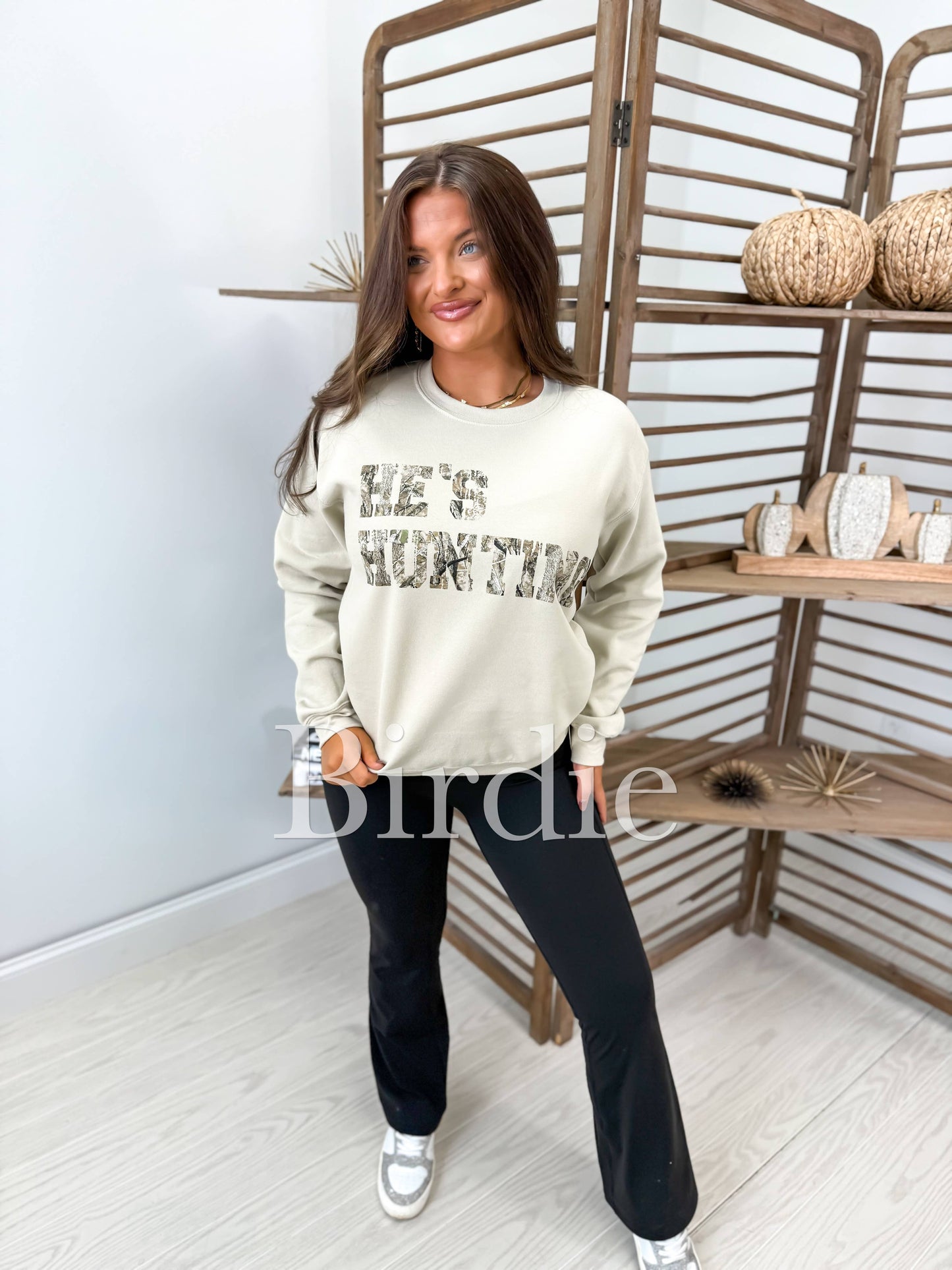 He's Hunting Graphic Crewneck on Sand