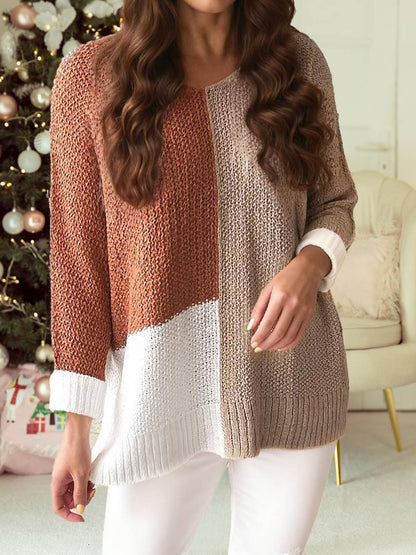 Color Block Knit V Neck Loose Sweater