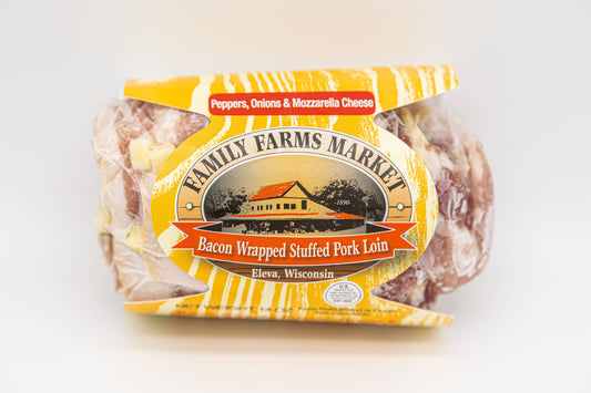 Bacon Wrapped Stuffed Pork Loin - Pepp. Onion, Mozz