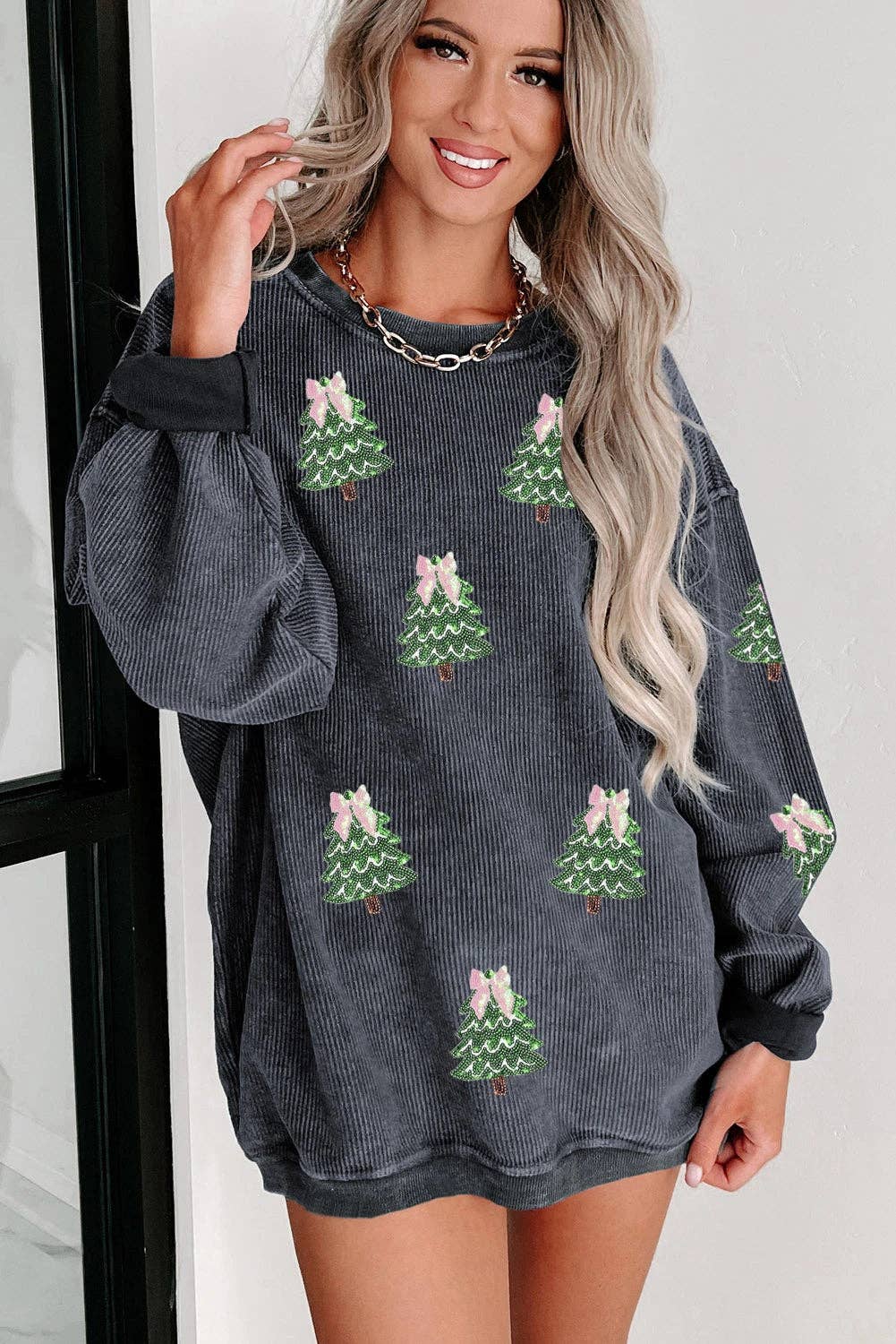 Gray Ribbed Round Neck Sequin Christmas Tree Patched Baggy Sweatshirt