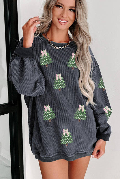 Gray Ribbed Round Neck Sequin Christmas Tree Patched Baggy Sweatshirt