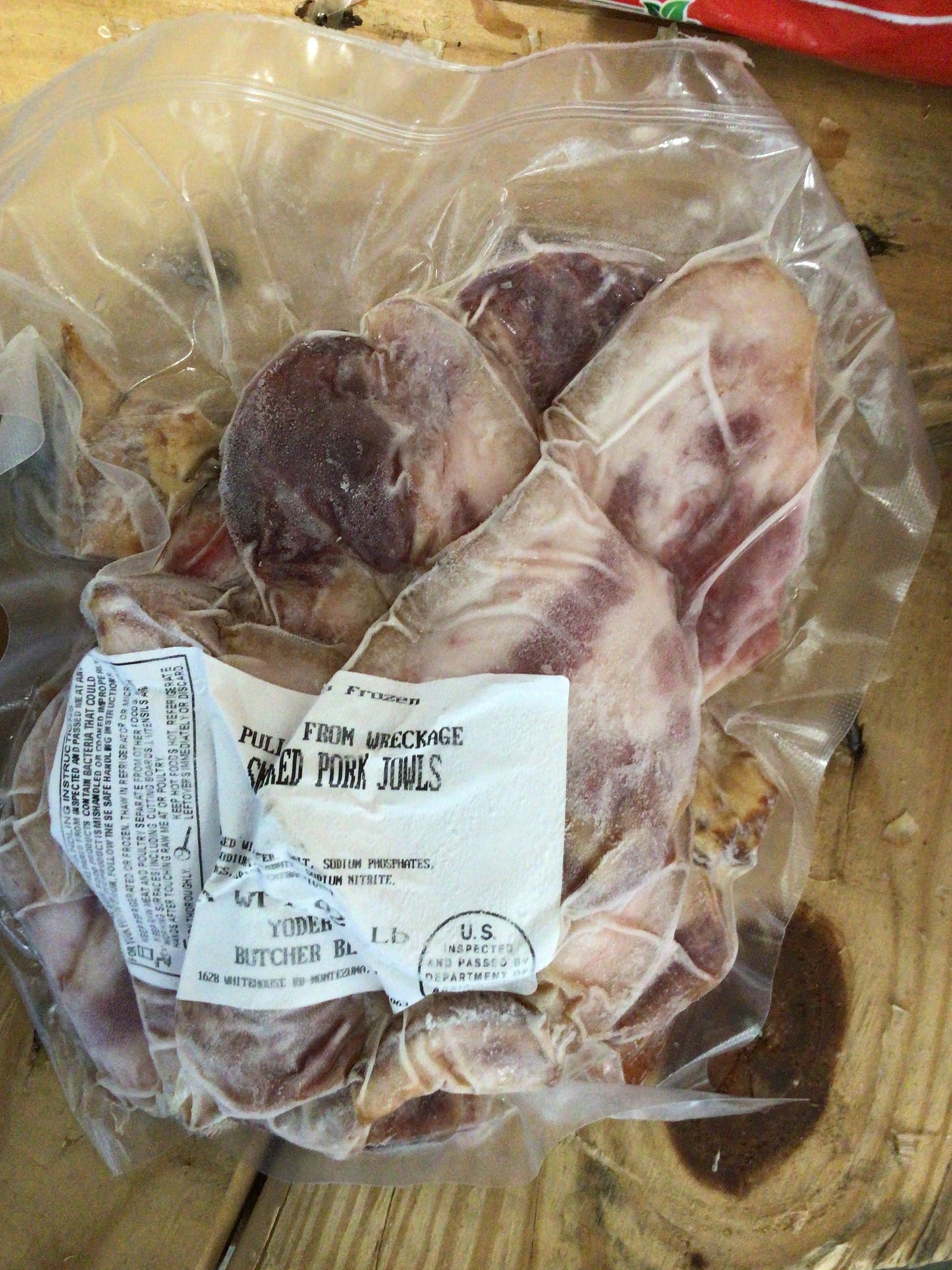 Yoder’s butcher block smoked pork jowls