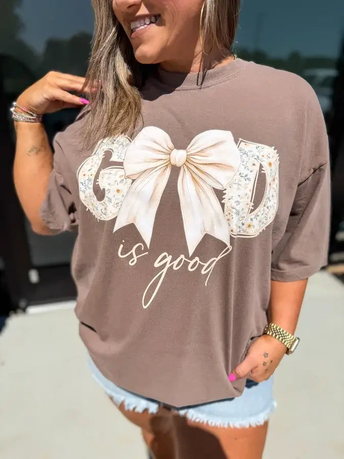 God is Good with Bow Espresso Graphic Tee