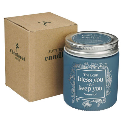 Glass Candle w/Screw Top Lid Blue Bless\Keep You Num. 6:24