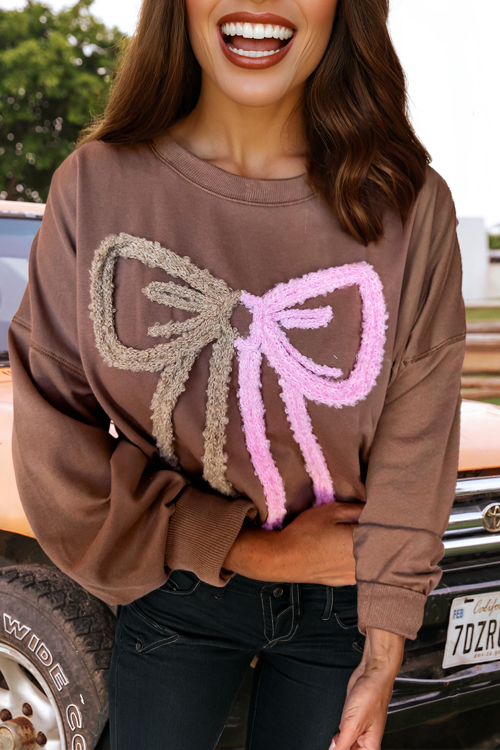 Valentine Contrast Terry Bow Drop Shoulder Sweatshirt
