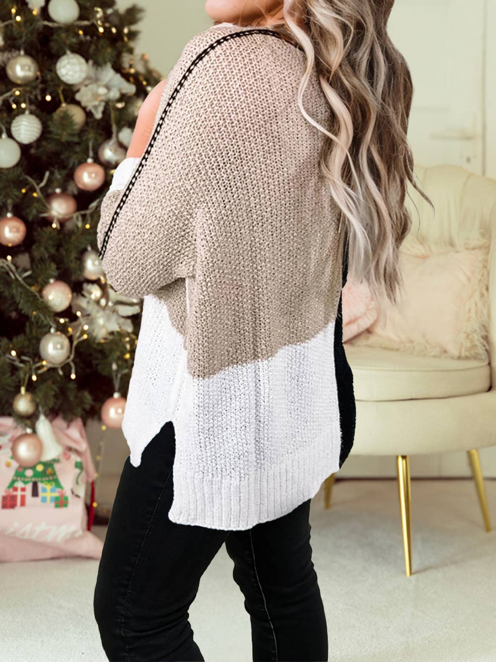 Color Block Knit V Neck Loose Sweater