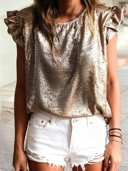 Metallic Round Neck Ruffle Trim Sleeveless Top