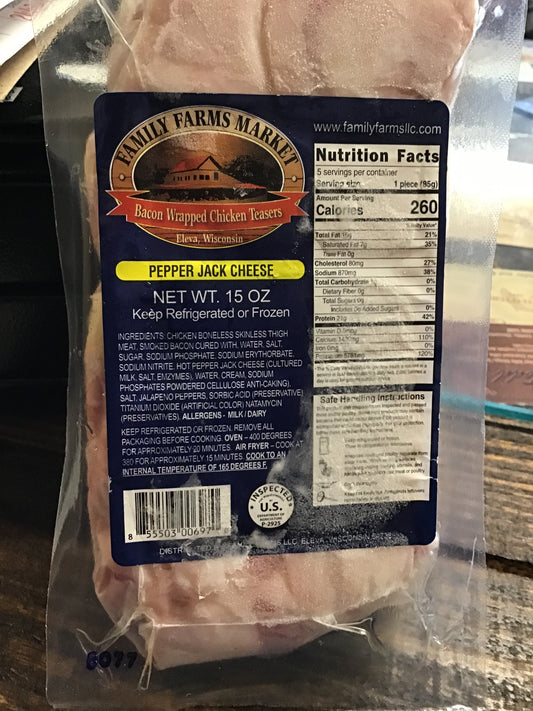 FFM bacon wrapped chicken teasers (pepper Jack )cheese