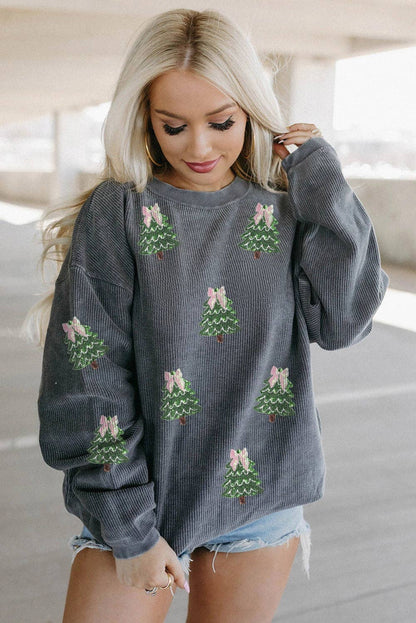 Gray Ribbed Round Neck Sequin Christmas Tree Patched Baggy Sweatshirt