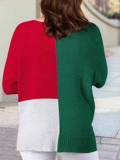 Color Block Knit V Neck Loose Sweater
