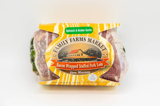 Bacon Wrapped Stuff Pork Loin - Spinach & Garlic Butter