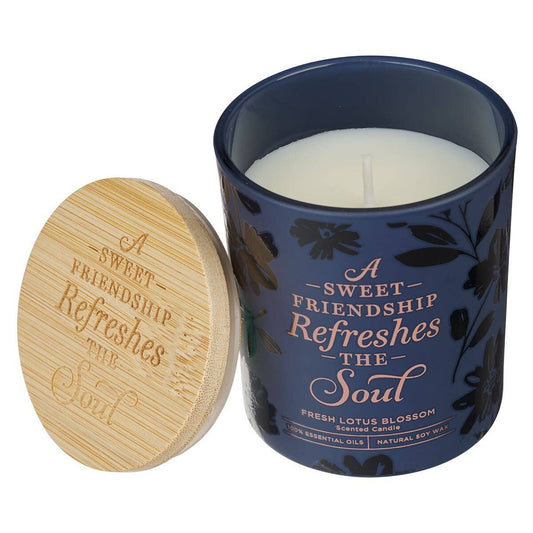 Glass Candle w/Bamboo Lid Navy Sweet Friendship