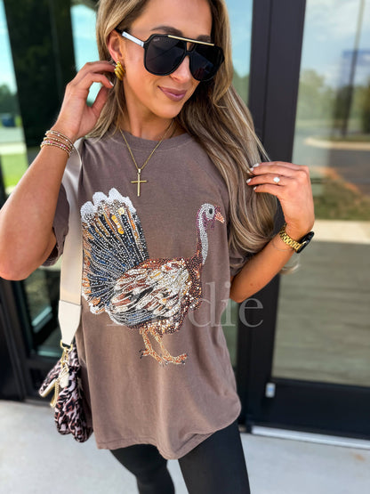 Rhinestone Turkey Graphic Tee on Espresso