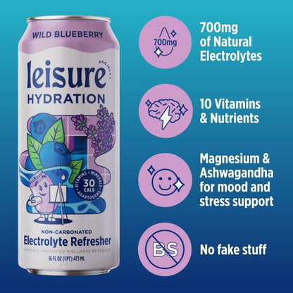 Leisure Hydration Electrolyte Wild Blueberry (16 oz x 12-Pack)