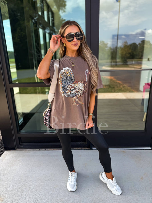 Rhinestone Turkey Graphic Tee on Espresso