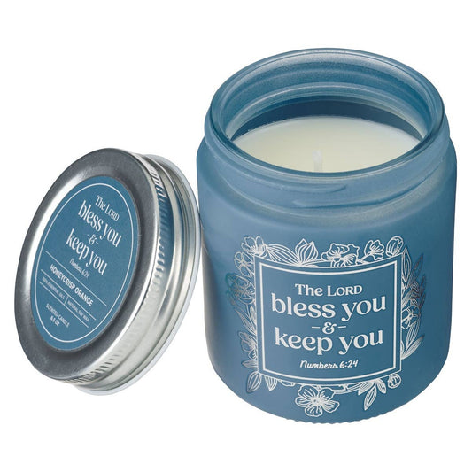Glass Candle w/Screw Top Lid Blue Bless\Keep You Num. 6:24